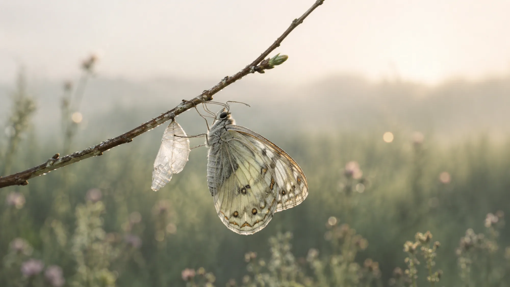A newly emerged butterfly resting beside its empty chrysalis on a branch in a misty dawn meadow in the Finger Lakes near Ithaca, New York, transformation and becoming, therapy for life transitions with Laurie Buehler, MFT